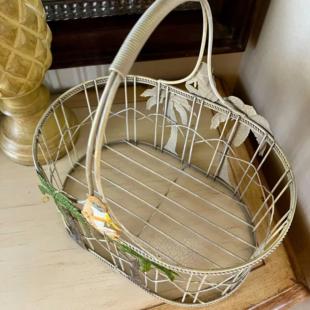 Large Tropical Palm Tree Wire Basket with Monkey Accent